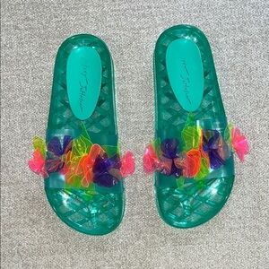 Betsey Johnson Teal Slide Sandals with Multicolor Floral Accents